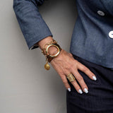 Gold triple wrap bracelet with beige leather in Unode50 style, Metal and leather cuff with stainless steel chain for a Sharp and Chic look