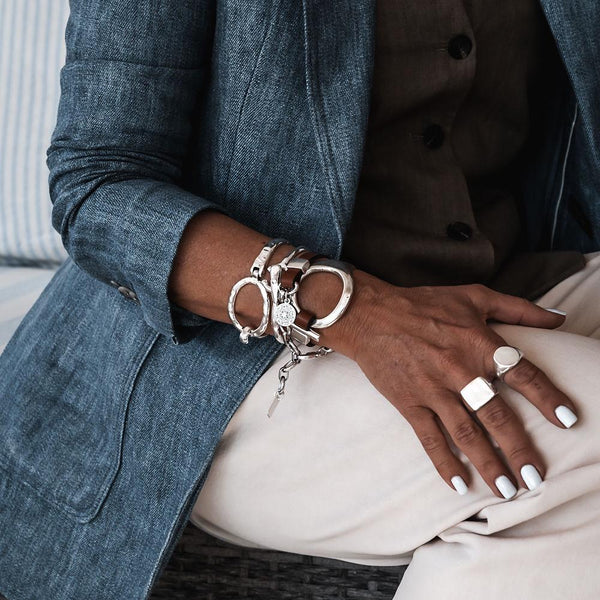 Unique double wrap bracelet in Unode50 style, Metal and leather cuff with stainless steel chain for a Sharp and Chic look. A standout piece!