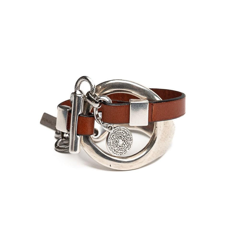 Unique double wrap bracelet in Unode50 style, Metal and leather cuff with stainless steel chain for a Sharp and Chic look. A standout piece!