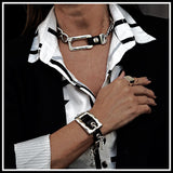 Bold belt buckle necklace and bracelet set, Chunky metal and brown leather jewelry, Unique Punk Buckle Choker and cuff
