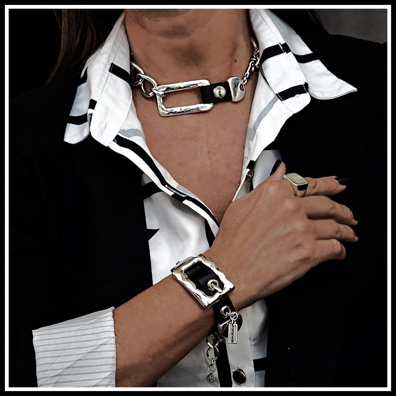 Bold belt buckle necklace and bracelet set, Chunky metal and brown leather jewelry set, Punk Buckle Choker and cuff bracelet, Unique jewelry