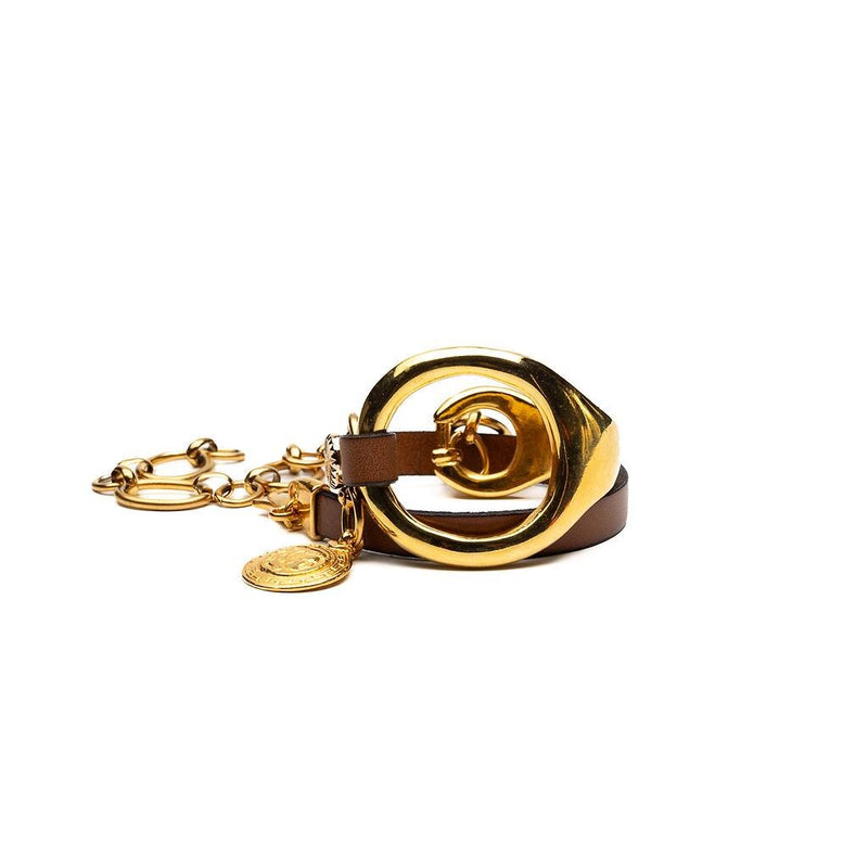 Gold triple wrap bracelet with beige leather in Unode50 style, Metal and leather cuff with stainless steel chain for a Sharp and Chic look
