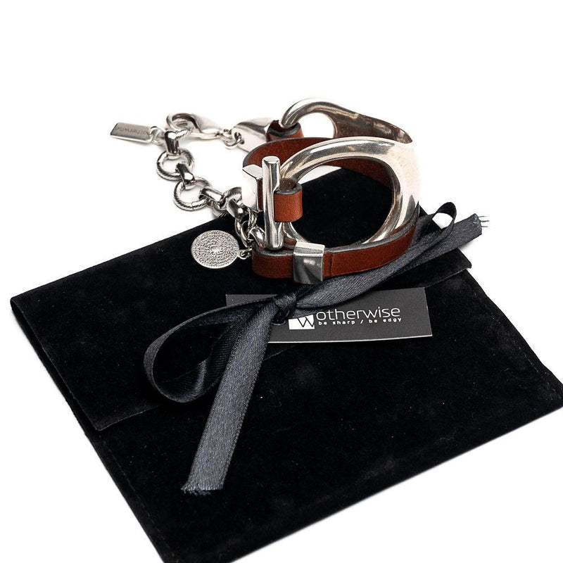 Unique double wrap bracelet in Unode50 style, Metal and leather cuff with stainless steel chain for a Sharp and Chic look. A standout piece!