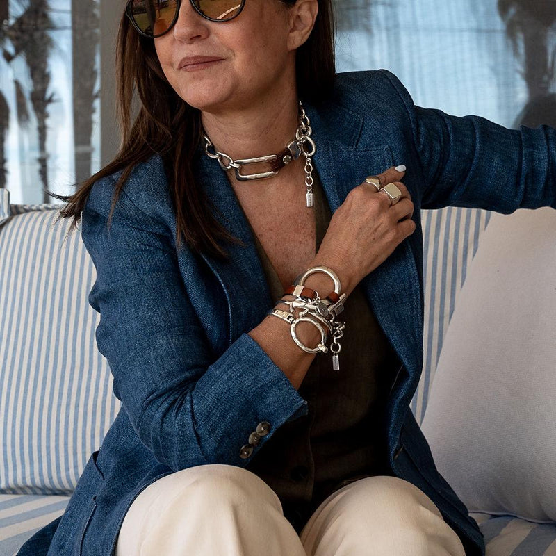 Unique double wrap bracelet in Unode50 style, Metal and leather cuff with stainless steel chain for a Sharp and Chic look. A standout piece!