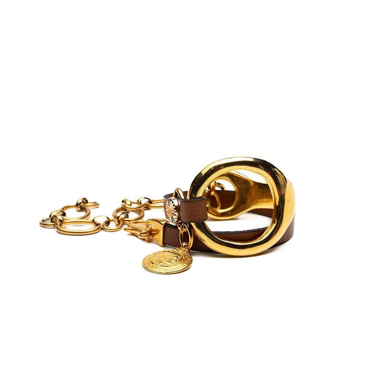 Gold triple wrap bracelet with beige leather in Unode50 style, Metal and leather cuff with stainless steel chain for a Sharp and Chic look