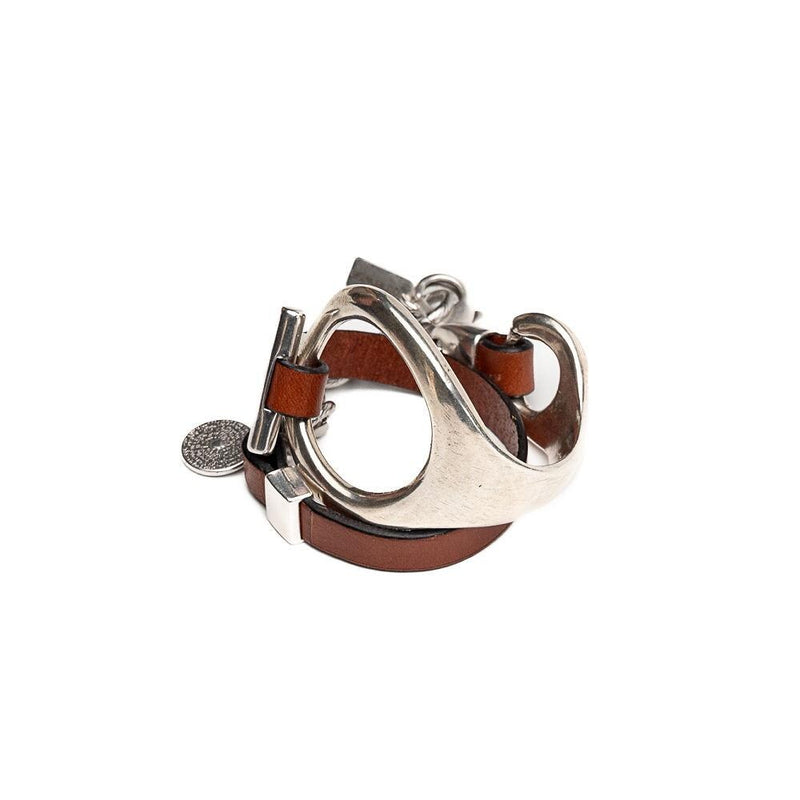 Unique double wrap bracelet in Unode50 style, Metal and leather cuff with stainless steel chain for a Sharp and Chic look. A standout piece!