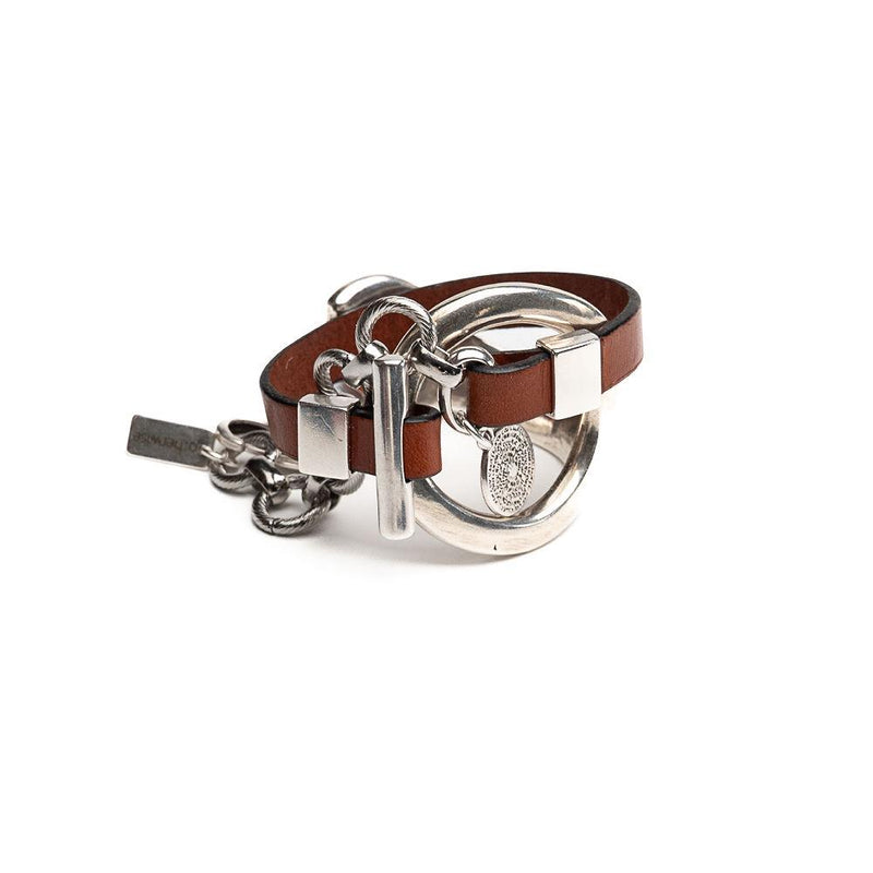 Unique double wrap bracelet in Unode50 style, Metal and leather cuff with stainless steel chain for a Sharp and Chic look. A standout piece!