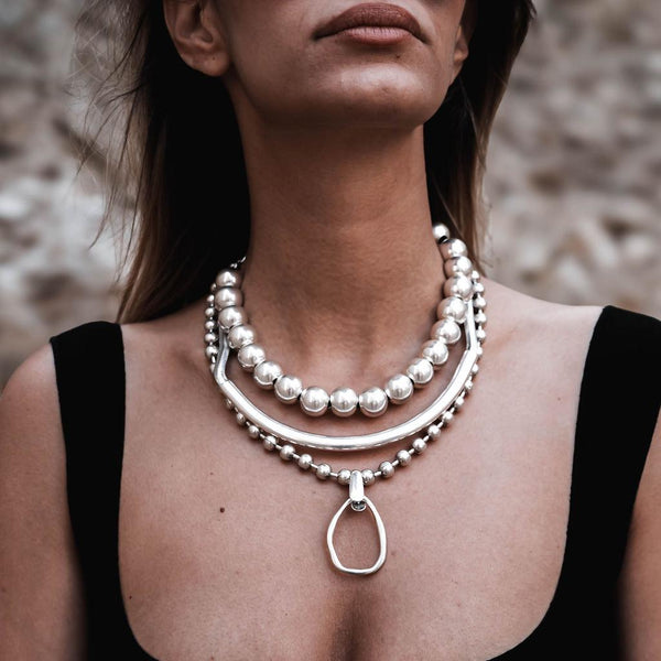 Chunky silver metal Chokers, Oversized Ball chain and bar chokers with hammered loop pendant, uno de 50 style necklaces