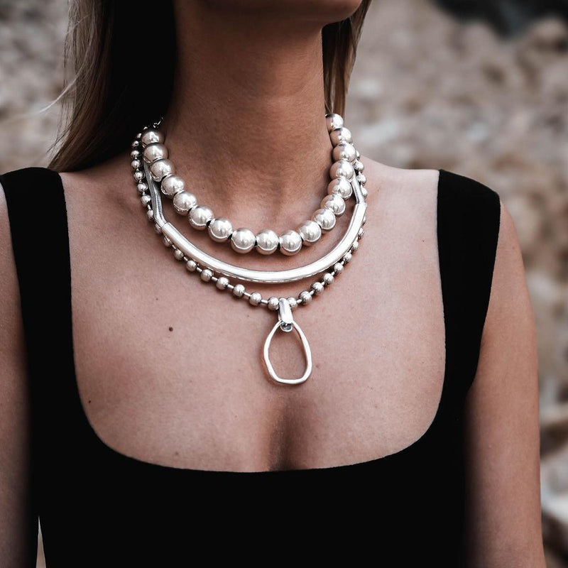 Chunky silver metal Chokers, Oversized Ball chain and bar chokers with hammered loop pendant, uno de 50 style necklaces