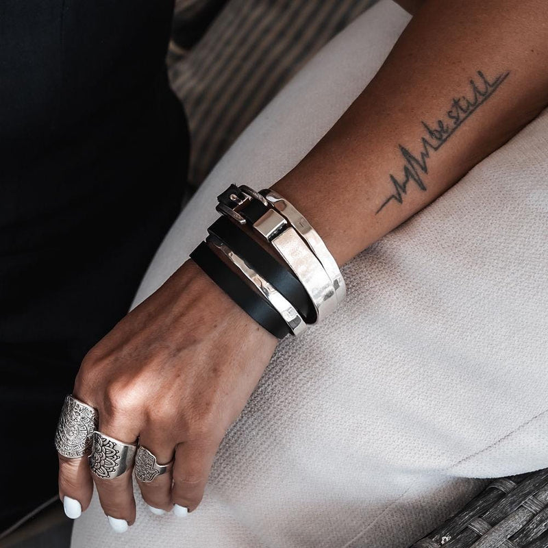 Triple black leather and metal wrap bracelet with buckle and magnetic closure for your everyday look. Unisex edgy wrap around cuff bracelet