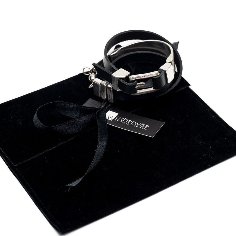 Triple black leather and metal wrap bracelet with buckle and magnetic closure for your everyday look. Unisex edgy wrap around cuff bracelet