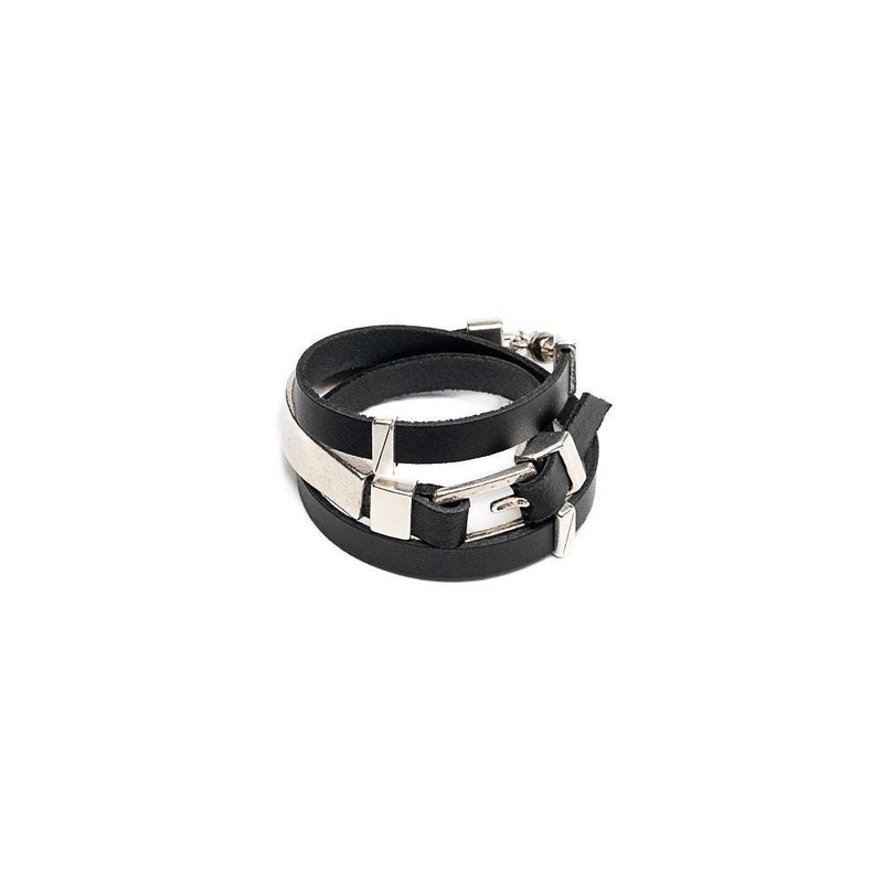 Triple black leather and metal wrap bracelet with buckle and magnetic closure for your everyday look. Unisex edgy wrap around cuff bracelet