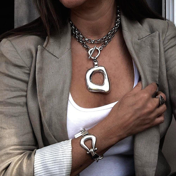 Statement metal necklace and bracelet set, Unode50 style jewelry, Heavy stainless steel chain with chunky pendant and buckle bracelet