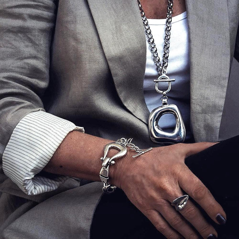 Statement metal necklace and bracelet set, Unode50 style jewelry, Heavy stainless steel chain with chunky pendant and buckle bracelet
