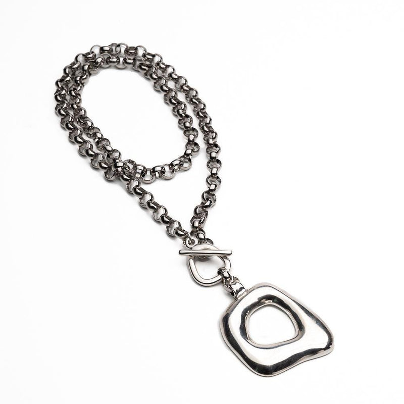 Statement metal necklace and bracelet set, Unode50 style jewelry, Heavy stainless steel chain with chunky pendant and buckle bracelet