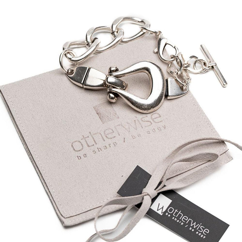 Statement metal necklace and bracelet set, Unode50 style jewelry, Heavy stainless steel chain with chunky pendant and buckle bracelet