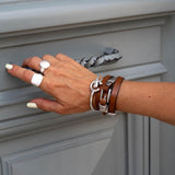 Triple brown leather and metal wrap bracelet with buckle and magnetic closure for your everyday look. Unisex edgy cuff