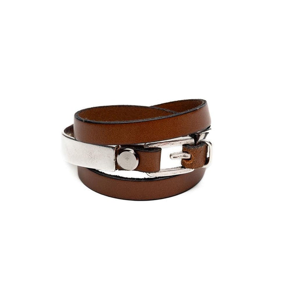 Triple brown leather and metal wrap bracelet with buckle and magnetic closure for your everyday look. Unisex edgy wrap around cuff bracelet