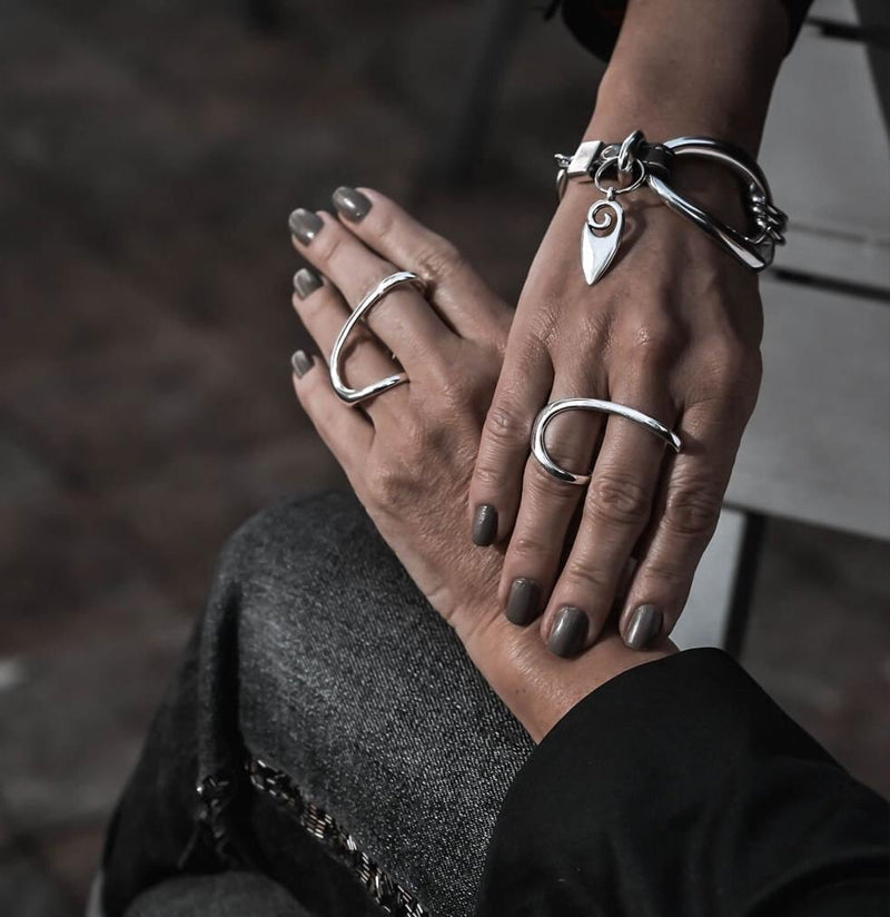 Funky two finger ring in gold or silver, Irregular Sterling Silver plated ring, adjustable geometric ring