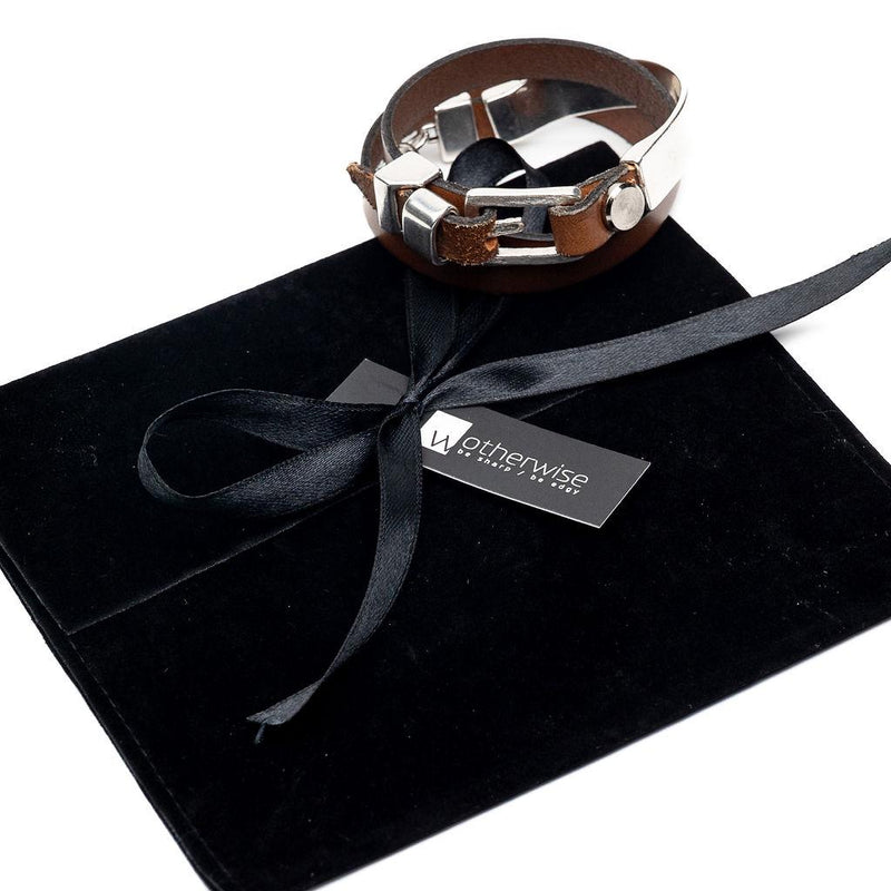 Triple brown leather and metal wrap bracelet with buckle and magnetic closure for your everyday look. Unisex edgy wrap around cuff bracelet