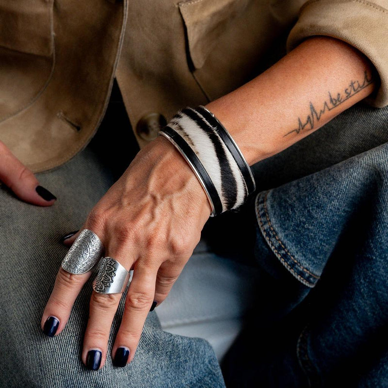 Wide brass and hairy cow print leather bracelet, statement large cuff handmade for edgy women, adjustable bangle