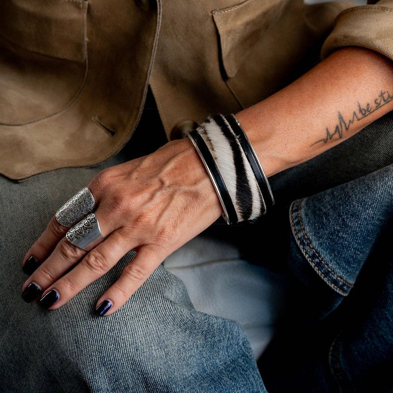 Wide brass and hairy cow print leather bracelet, statement large cuff handmade for edgy women, adjustable bangle