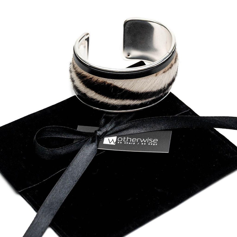 Wide brass and hairy cow print leather bracelet, statement large cuff handmade for edgy women, adjustable bangle