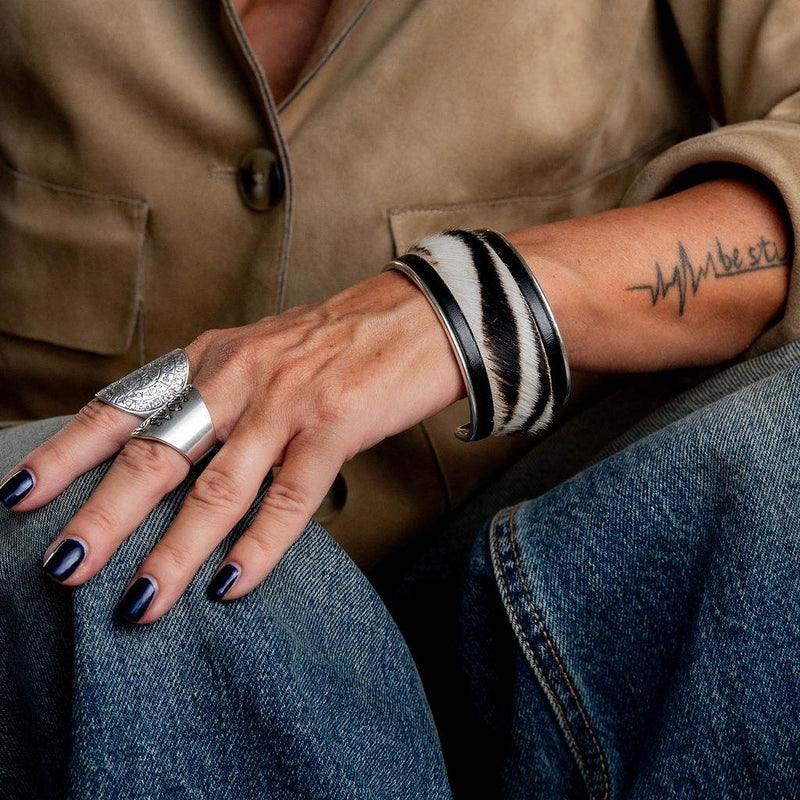 Wide brass and hairy cow print leather bracelet, statement large cuff handmade for edgy women, adjustable bangle