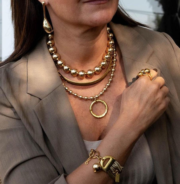 Chunky Gold metal chokers, oversized ball chain and bar chokers with hammered loop pendant, uno de 50 style necklaces