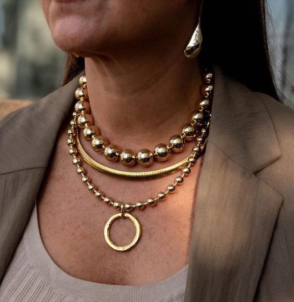 Chunky Gold metal chokers, oversized ball chain and bar chokers with hammered loop pendant, uno de 50 style necklaces
