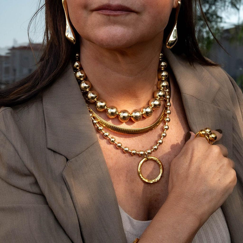 Chunky Gold metal chokers, oversized ball chain and bar chokers with hammered loop pendant, uno de 50 style necklaces