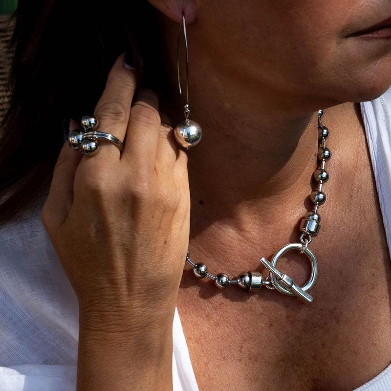 Edgy Chic silver metal chunky ball drop Earrings, Exaggerated minimalism dangle earrings