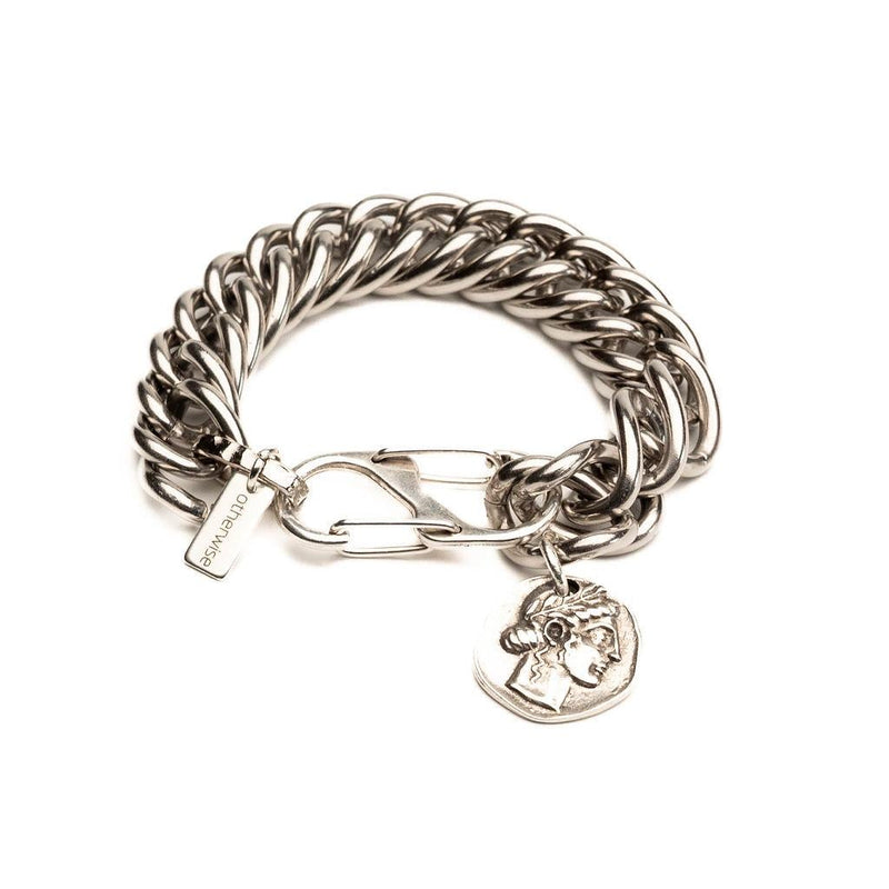 Chunky stainless steel chain with double lobster clasp and ancient Greek coin pendant