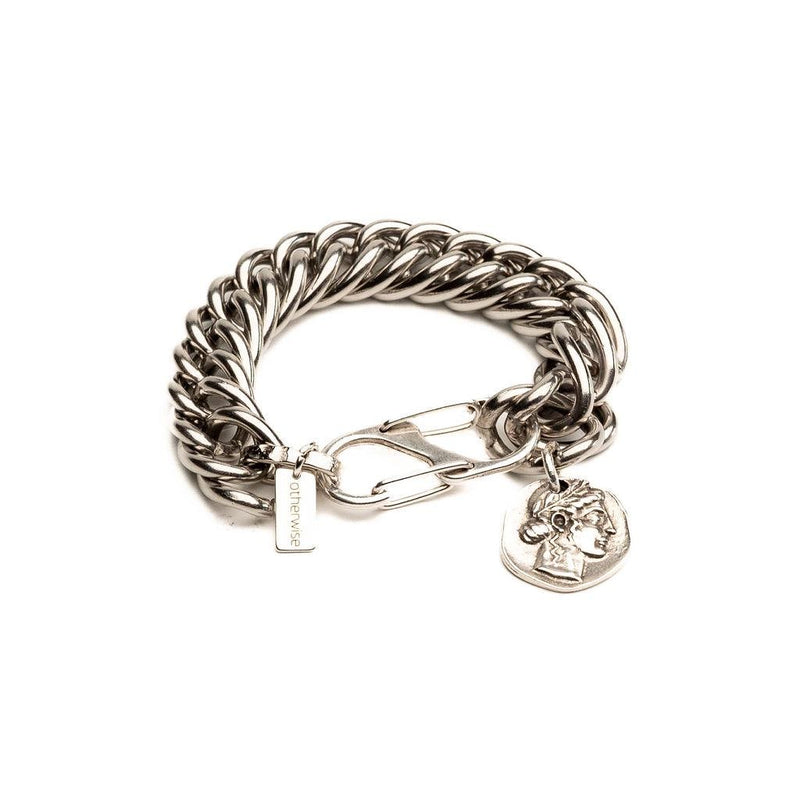 Chunky stainless steel chain with double lobster clasp and ancient Greek coin pendant