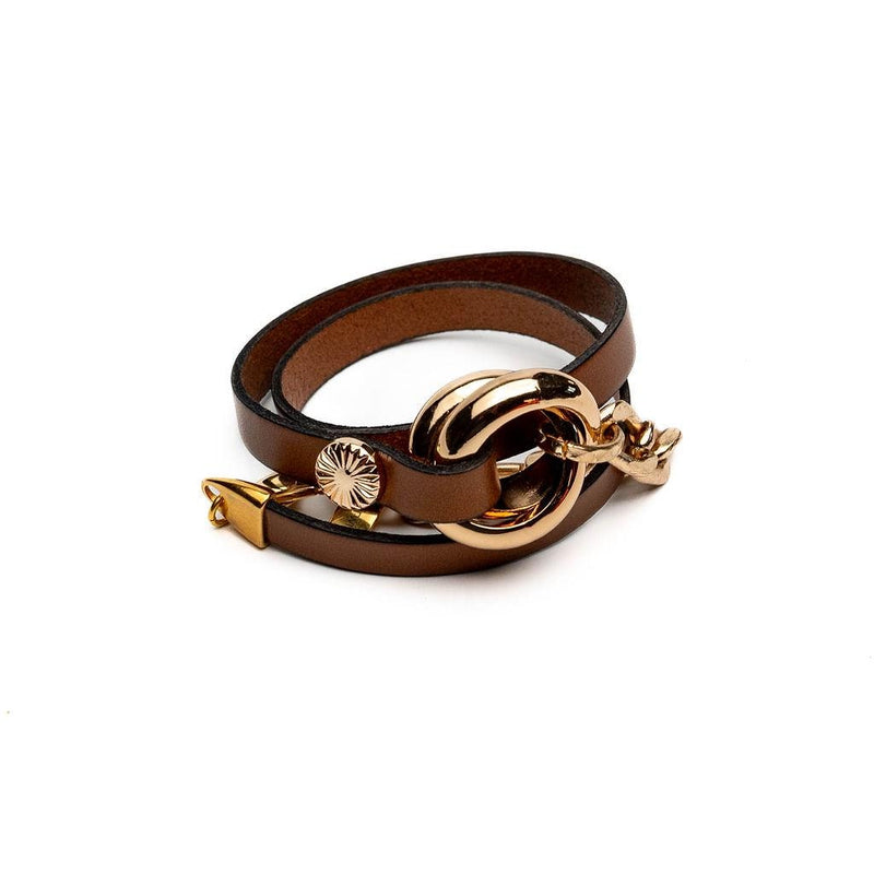 Double link metal and leather wrap bracelet, honey gold metal and brown leather cuff in unode50 style, unique chunky statement bracelet
