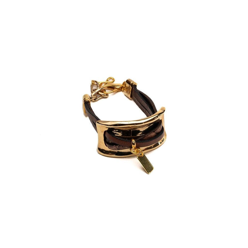 Uno de 50 style statement bracelet with large gold metal plate and brown leather strips, unisex gift, edgy and bold jewelry