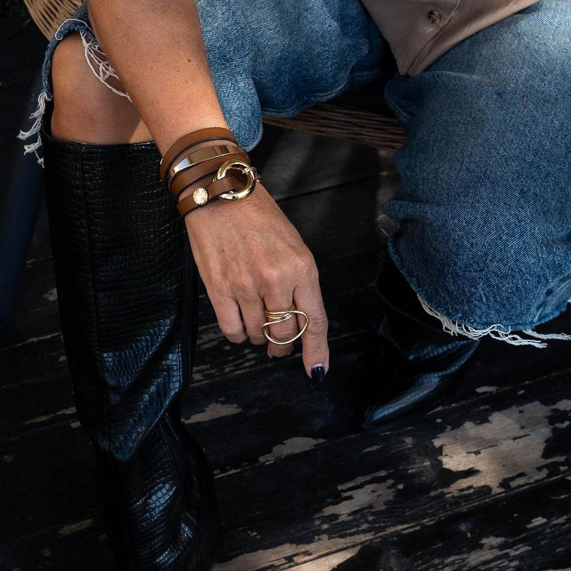 Double link metal and leather wrap bracelet, honey gold metal and brown leather cuff in unode50 style, unique chunky statement bracelet