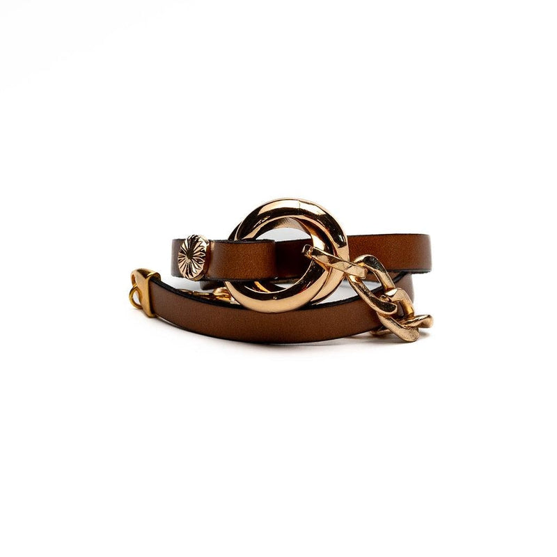 Double link metal and leather wrap bracelet, honey gold metal and brown leather cuff in unode50 style, unique chunky statement bracelet