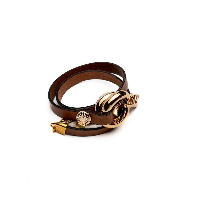 Double link metal and leather wrap bracelet, honey gold metal and brown leather cuff in unode50 style, unique chunky statement bracelet