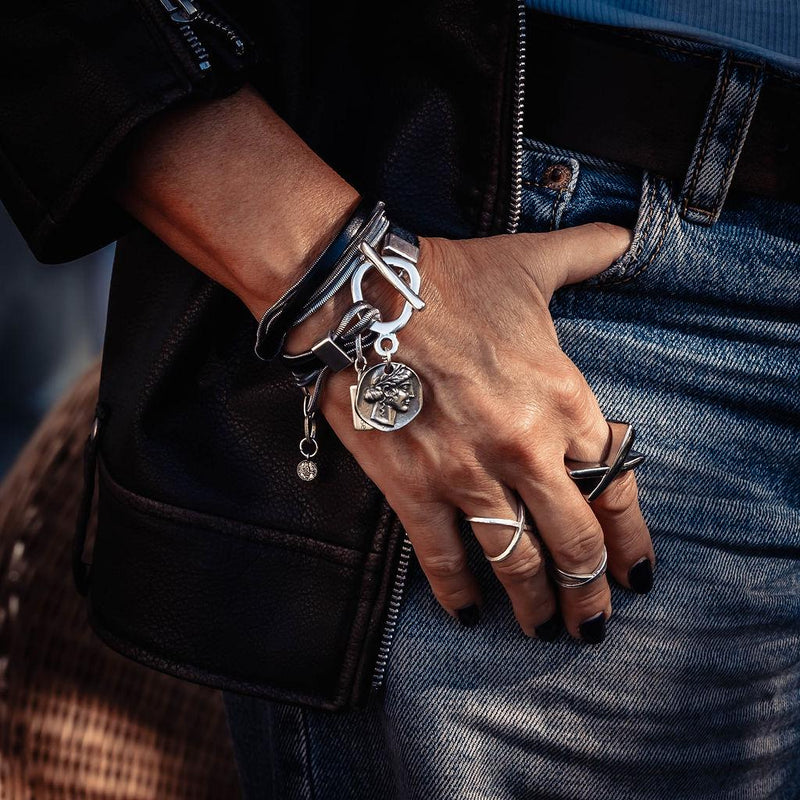 Double wrap bracelet with multiple snake chains, leather and unique buckle with coin pendant, A statement bracelet for a unique look