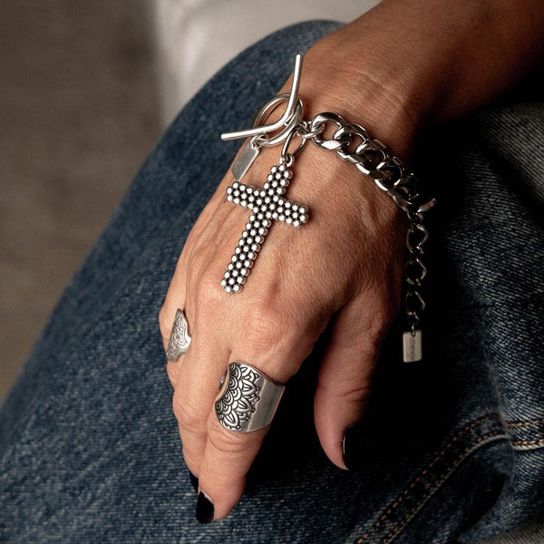 Statement metal cuff and stainless steel chain bracelet with large textured cross, Oversized cross pendant bracelet