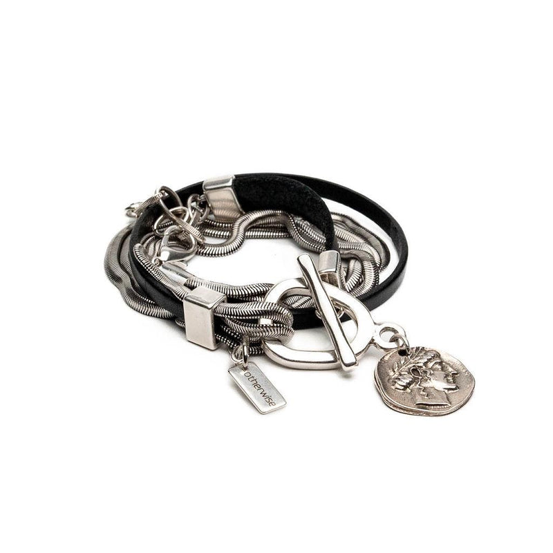 Double wrap bracelet with multiple snake chains, leather and unique buckle with coin pendant, A statement bracelet for a unique look