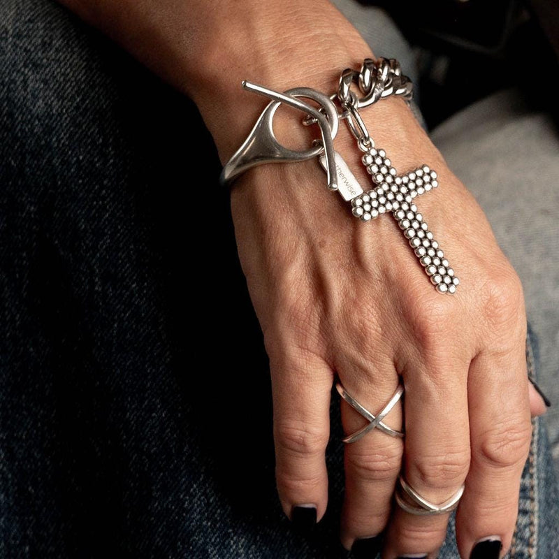 Statement metal cuff and stainless steel chain bracelet with large textured cross, Oversized cross pendant bracelet