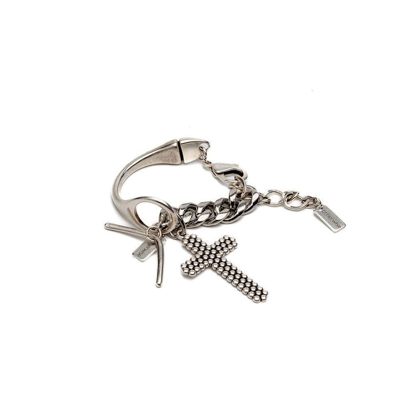 Statement metal cuff and stainless steel chain bracelet with large textured cross, Oversized cross pendant bracelet