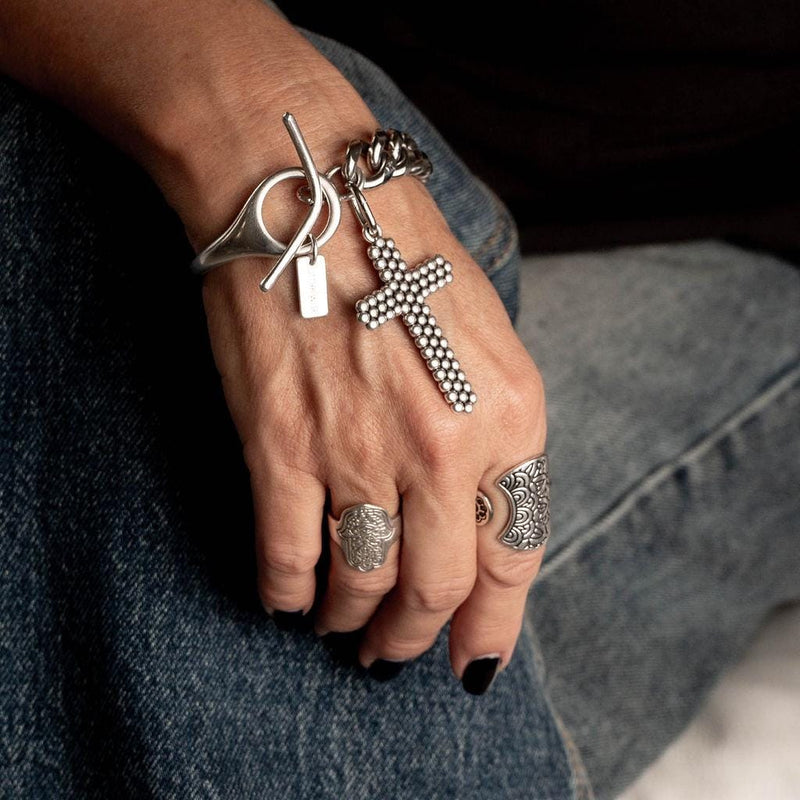 Statement metal cuff and stainless steel chain bracelet with large textured cross, Oversized cross pendant bracelet