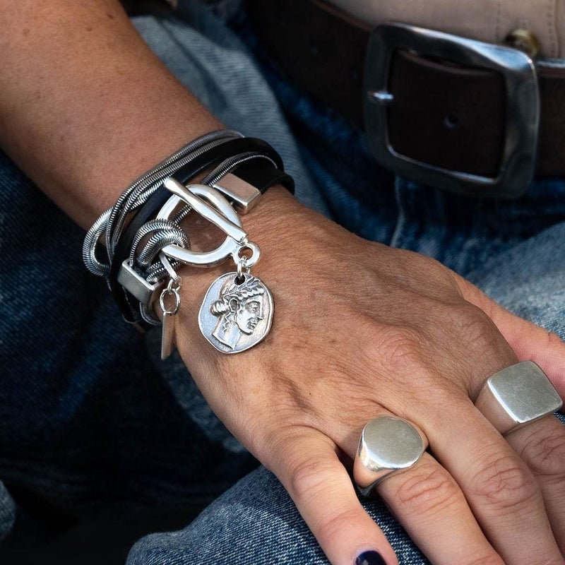 Double wrap bracelet with multiple snake chains, leather and unique buckle with coin pendant, A statement bracelet for a unique look