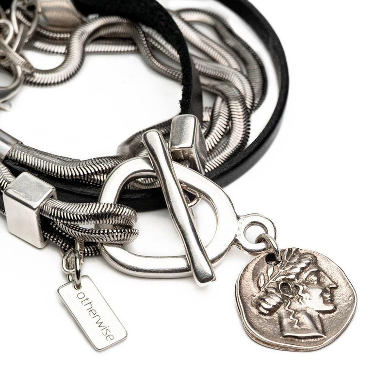 Double wrap bracelet with multiple snake chains, leather and unique buckle with coin pendant, A statement bracelet for a unique look