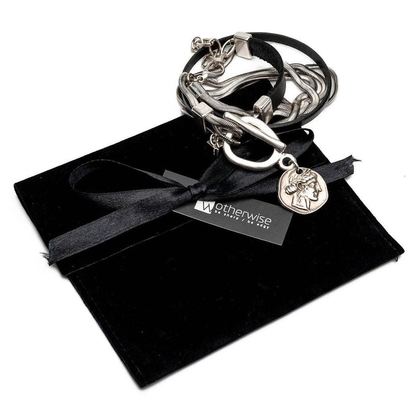 Double wrap bracelet with multiple snake chains, leather and unique buckle with coin pendant, A statement bracelet for a unique look