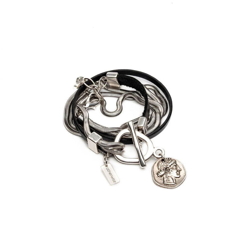 Double wrap bracelet with multiple snake chains, leather and unique buckle with coin pendant, A statement bracelet for a unique look