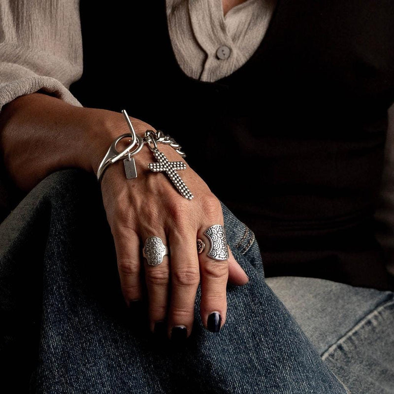 Statement metal cuff and stainless steel chain bracelet with large textured cross, Oversized cross pendant bracelet